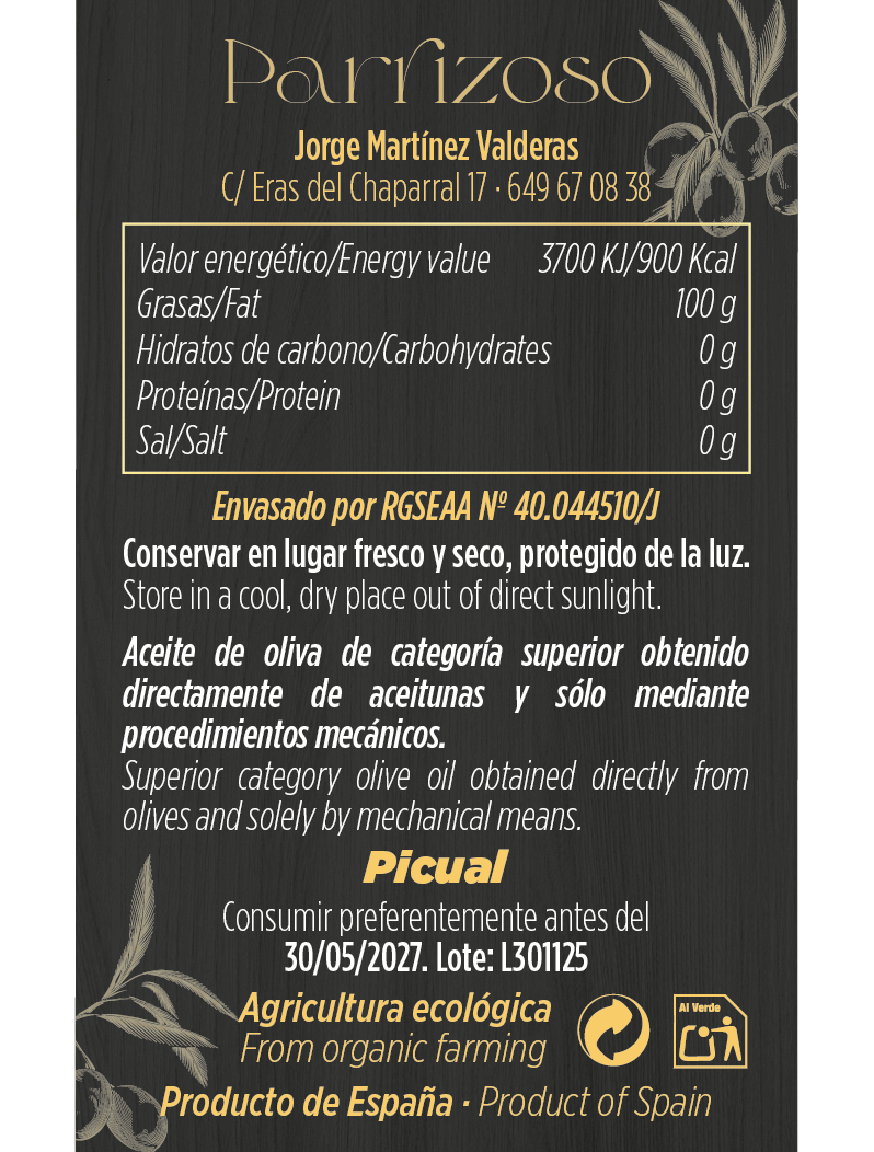 Aceite de Oliva Virgen Extra · Parrizoso