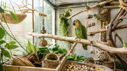 Loro en voladera con ramas naturales, perchas, juguetes y zona de forrajeo