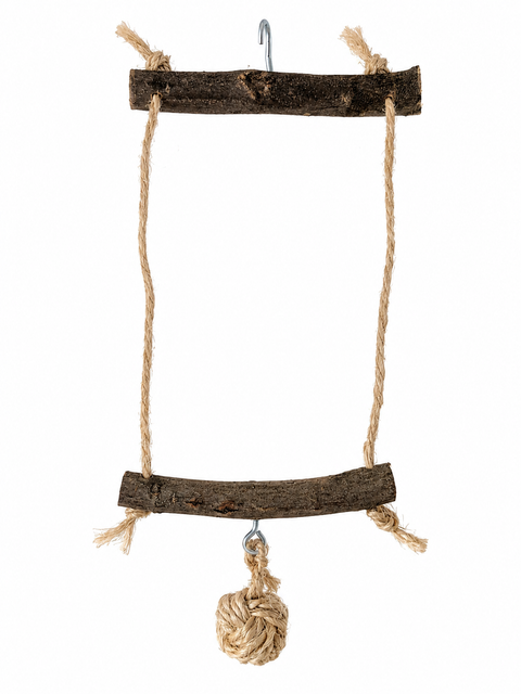 Juguete natural para loros de madera de olivo y cuerda de sisal