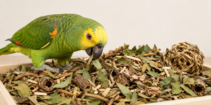 Loro forrajeando entre hojas, madera y materiales vegetales naturales para enriquecimiento