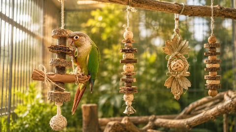 Loro jugando con juguetes naturales colgantes de madera, cartón y cuerda de sisal en una voladera.