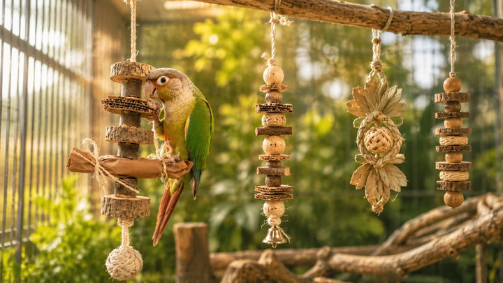 Loro jugando con juguetes naturales colgantes de madera, cartón y cuerda de sisal en una voladera.