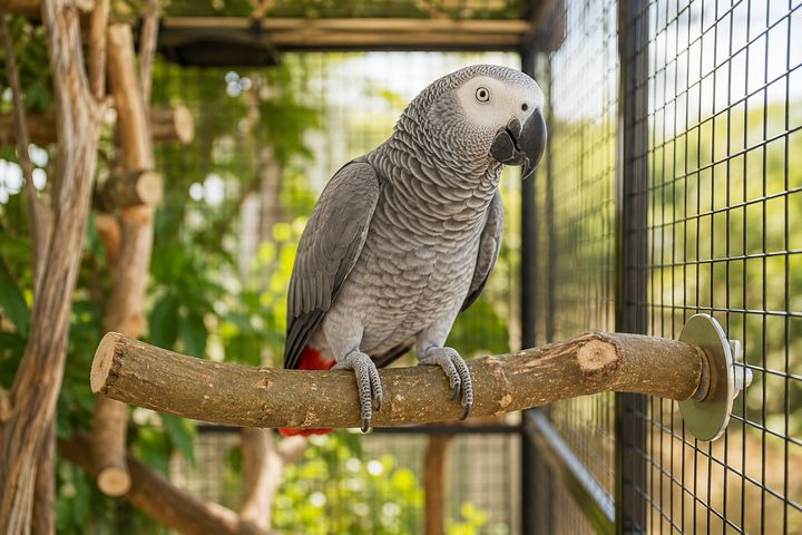 Loro yaco sobre percha de madera natural de olivo en voladera