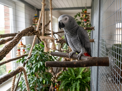 Un loro gris de cola roja (yaco) posado sobre la percha de madera natural de olivo en forma de Y, instalada en el lateral de una gran voladera con plantas y juguetes para aves.