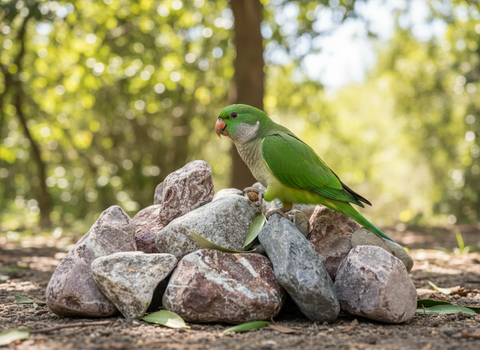 Loro en entorno natural sobre piedras para voladera exterior