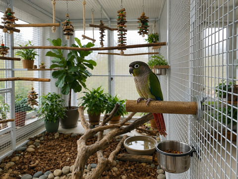 Loro utilizando una percha de olivo instalada en una voladera
