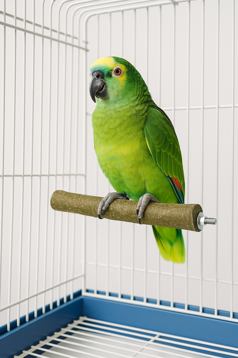Loro Amazonas posado en percha de madera de olivo natural resistente