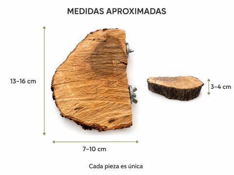 Medidas aproximadas de la percha plataforma de olivo: 13–16 cm de largo, 7–10 cm de ancho y 3–4 cm de grosor