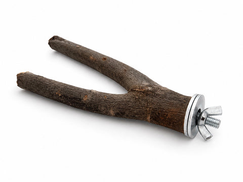 Vista en perspectiva de una percha de madera natural de olivo en forma de Y para loros, mostrando el grosor de las ramas y el detalle del sistema de fijación metálico con tuerca de mariposa.