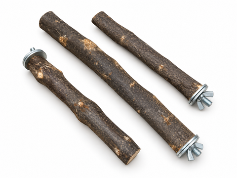 Pack de 3 perchas de olivo natural para loros sobre fondo blanco