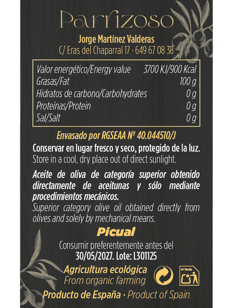 Aceite de Oliva Virgen Extra · Parrizoso