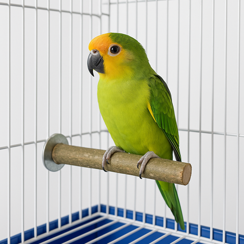 Cotorra posada en percha de madera de olivo natural para jaula