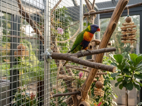 Un loro arcoíris multicolor posado en una percha de madera de olivo en forma de Y, mostrando detalladamente cómo el sistema de fijación con tuerca de mariposa y arandela queda sujeto a los barrotes metálicos de la voladera.