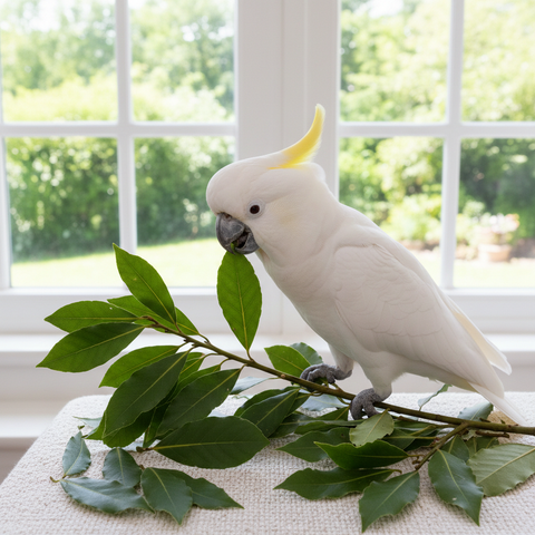 Cacatúa blanca interactuando con una rama de laurel ecológica frente a una ventana, fomentando el forrajeo natural y el enriquecimiento ambiental.