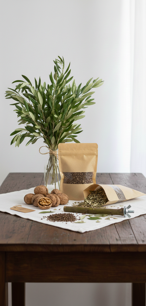 Pack de bienvenida LoroLivo con ramo de hojas de olivo, frutos secos naturales y forraje vegetal ecológico, presentados sobre mesa de madera en un entorno limpio y natural.