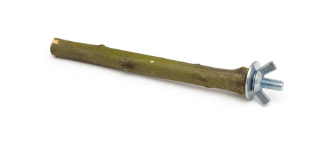 Percha natural de madera de olivo con tornillo metálico, diseñada para voladeras y jaulas de aves, resistente y sin tratamientos químicos.