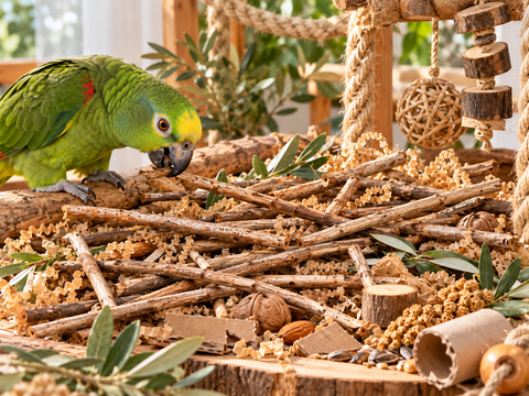 Imagen ilustrativa de palitos sueltos de olivo en zona de forrajeo para loros