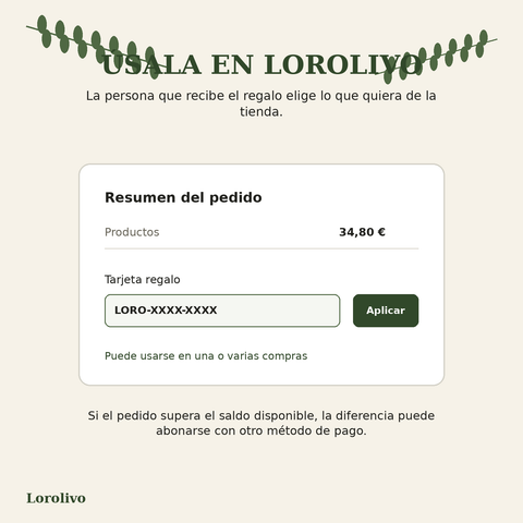 Ejemplo de uso del código de la tarjeta regalo Lorolivo durante una compra en la tienda online