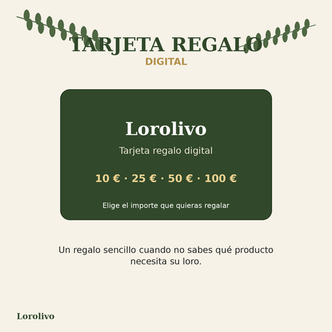 Tarjeta regalo digital Lorolivo disponible en importes de 10, 25, 50 y 100 euros
