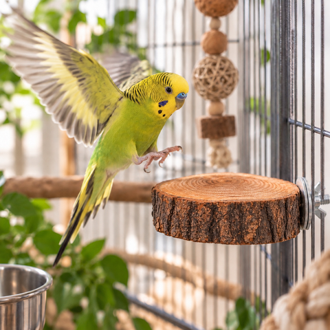 Periquito verde volando hacia una percha plataforma mini de olivo natural en una jaula