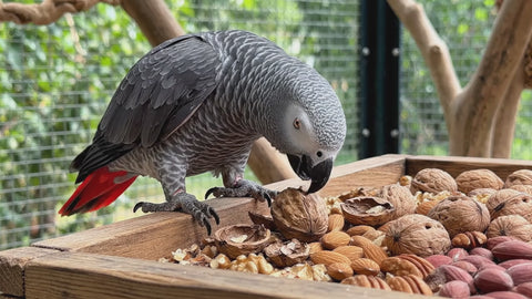 Loro gris africano forrajeando con frutos secos naturales en bandeja de forrajeo